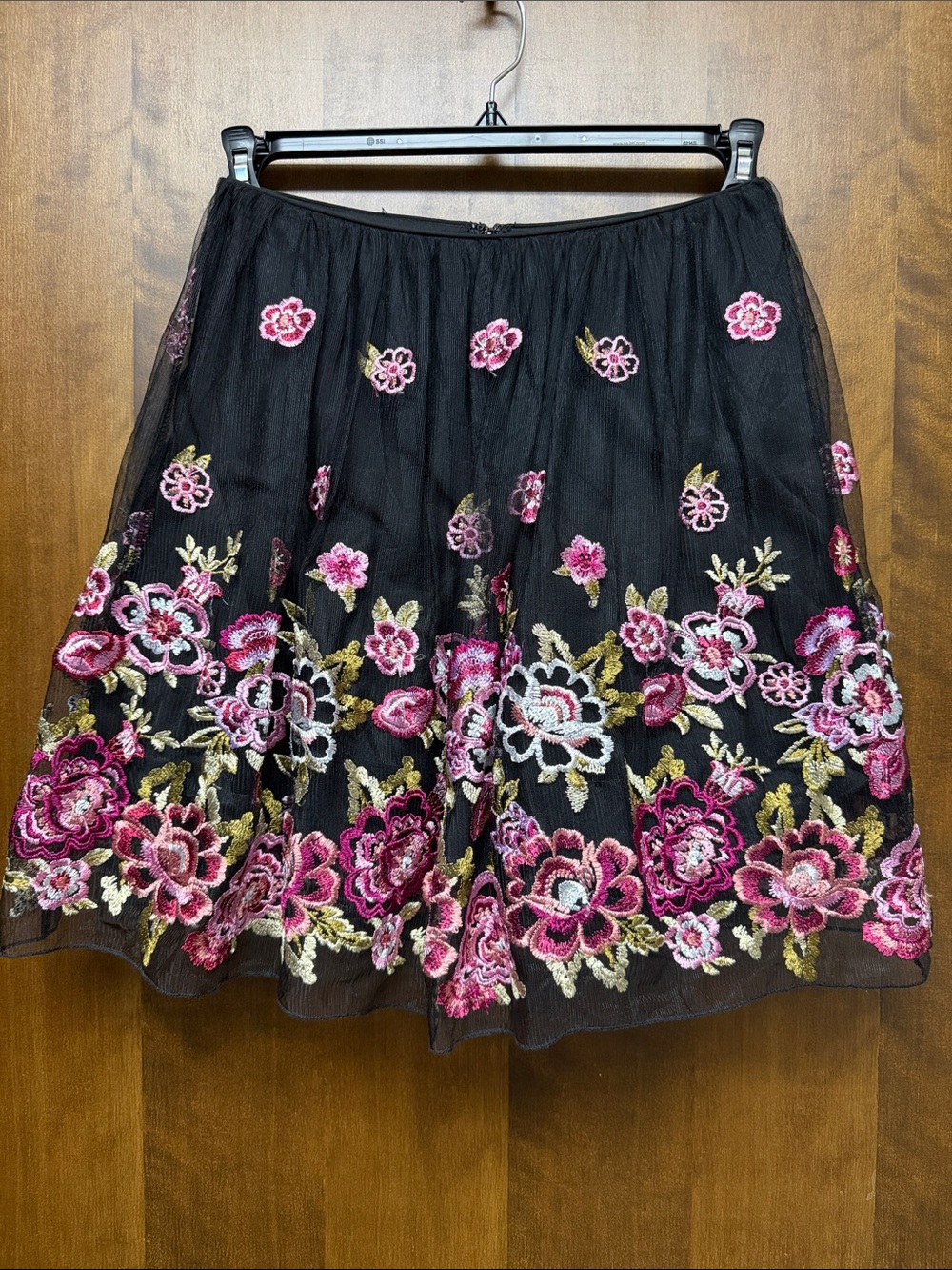 City Studio Black Tulle Skirt with Pink & Green Floral Embroidery